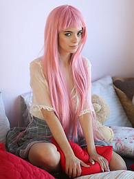 Find-Best-Mature.com presents: Teen sweetheart with a long pink hair gets nude and flashes her gorgeous breasts and pussy