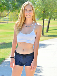 Find-Best-Mature.com presents: Sporty blonde babe Dakota strips her clothes and flaunts her hot body outdoors