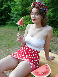 Find-Best-Mature.com presents: Nice belarusian stunner Rokki removes all clothes on a blanket in a backyard