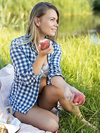 Find-Best-Mature.com presents: Skinny blonde Paulina gets naked on a blanket in a field of wheat